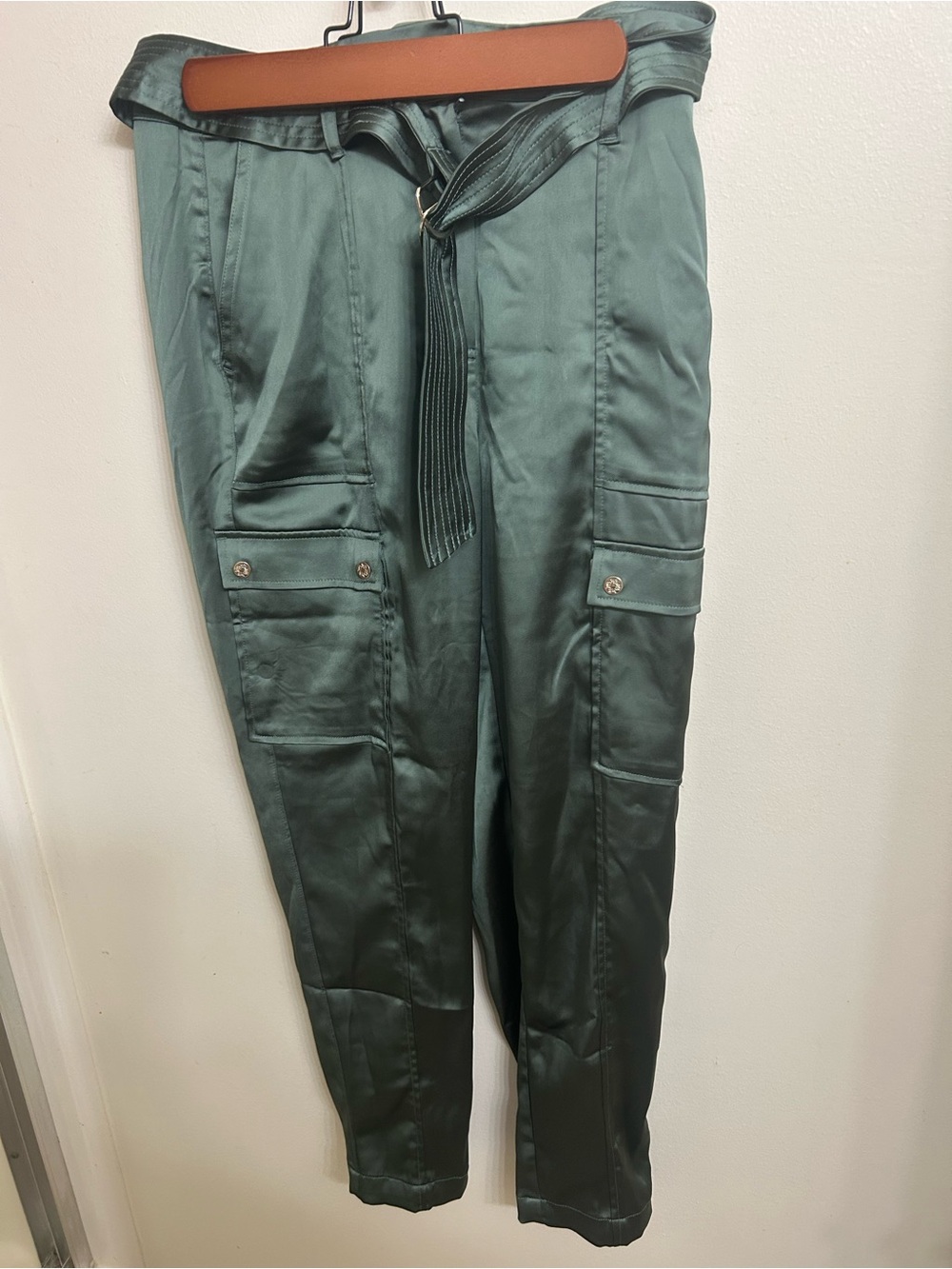 Women Satin Cargo Trousers in Forest Green